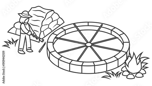 Man drawing water from a stone well.