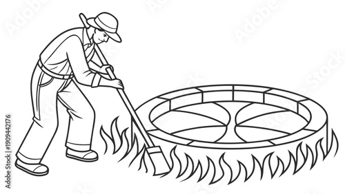 Man controlling a fire in a controlled burn or fire pit.