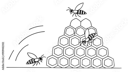 Bees working together on a honeycomb structure.