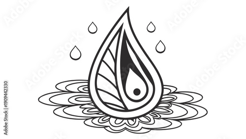 Black and white illustration of a water droplet with ripples and splashes.
