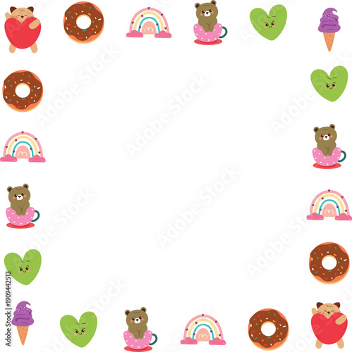 cute border frame with hand drawn cartoon cute element drawing. cute frame. cute frame border design