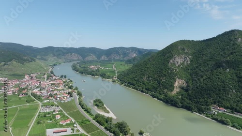 Wallpaper Mural Aerial view of Wachau valley Austria. Beautiful nature landscapes of agricultural fields and vineyards along the Danube river. Torontodigital.ca