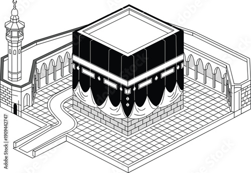 Black cube building with white trim and curtain details surrounded by walkway and tower