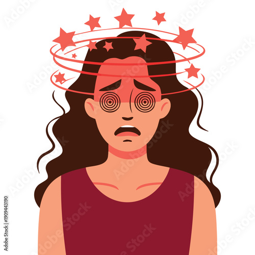 Sick woman having dizzy symptom in flat design on white background female feeling vertigo dizziness illness medical illustration for healthcare awareness