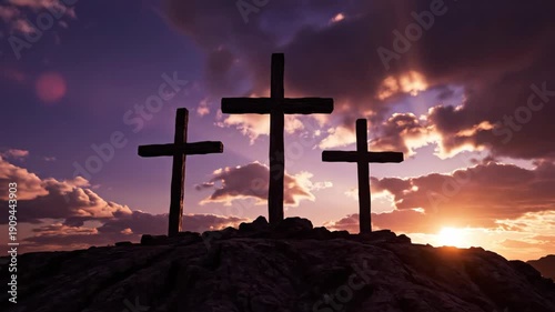 silhouette of three crosses on rocky hill against purple sunset sky. christian symbol of crucifixion and resurrection. easter and good friday concept. religious background.