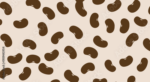 Seamless pattern illustration of dark brown kidney beans scattered randomly on a light beige background