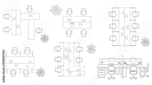 office interior design plan, workspace layout, furniture arrangement