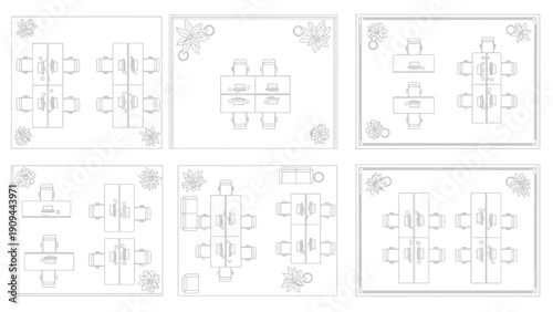 office space layout, desk arrangement, workspace design, top view
