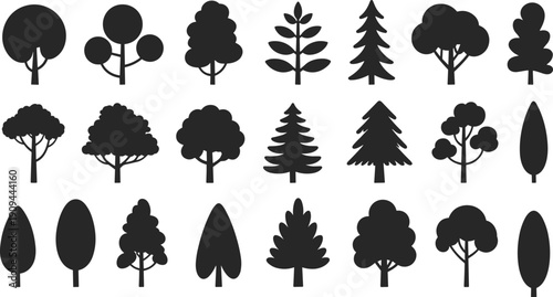 Tree silhouette icons, foliage design symbols, vector illustration, black art, minimal layout, landscaping graphics