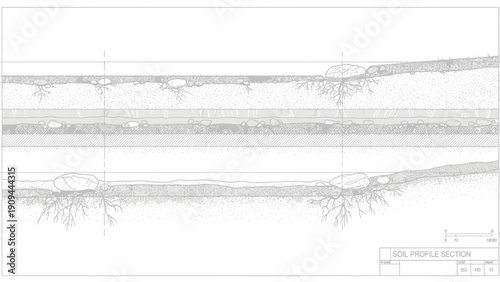 soil profile section, layers of earth, geological study, roots