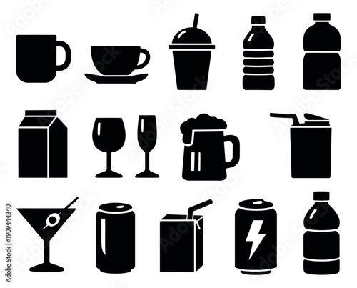 Solid icon beverage set featuring mugs, bottles, cans, and glasses for drink related designs