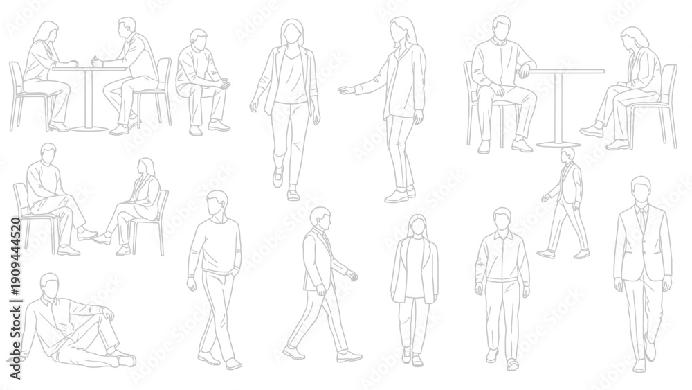 © Elvano - line art people silhouettes, various poses, casual attire