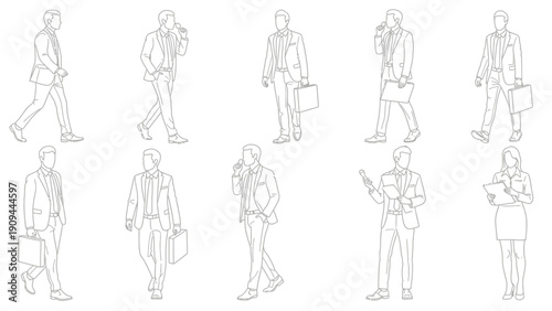 business people walking, talking, holding briefcases, line art
