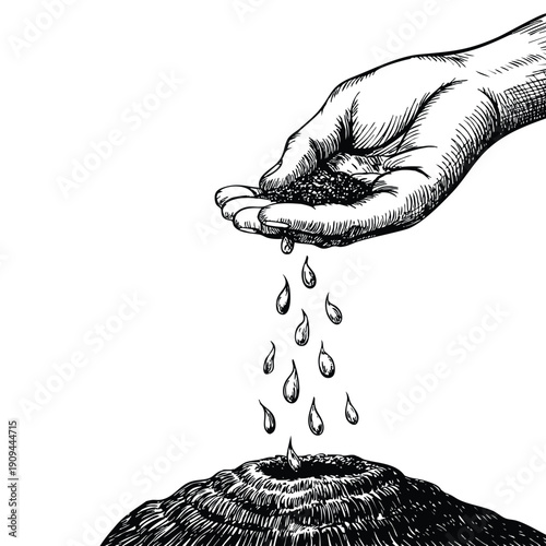 Sowing seeds agriculture vector sketch illustration featuring hand placing seed into ground process isolated on white background farming concept design