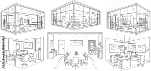 Collection of office interior line showing workstations meeting rooms and lounge areas line workstation