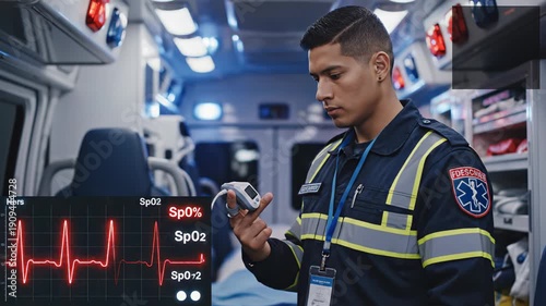 Male paramedic in blue uniform checks pulse oximeter readings inside ambulance, medical equipment and emergency lights visible in the background