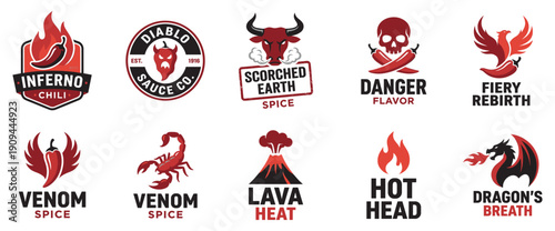 Hot Sauce and Spicy Food Logo Collection - Set of Flat Vector Icons