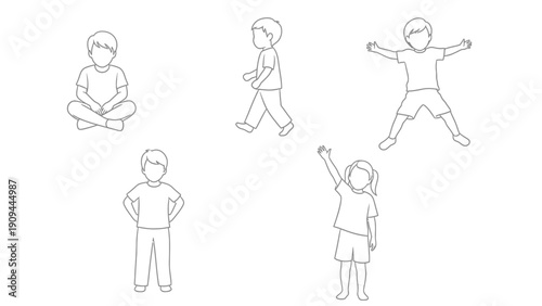 children line art, kids in different poses, active lifestyle