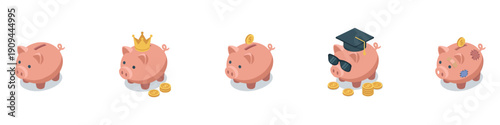 Piggy bank icon. A pink piggy bank with gold coins being inserted, and a stack of coins beside it. 
