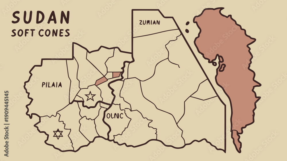 Obraz premium Map of Sudan highlighting Red Sea region with soft cones.