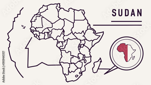 Map of Africa highlighting Sudan with a detailed outline of the continent's countries.