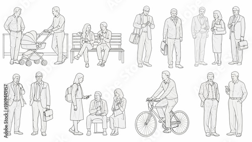 people line art, urban life, various activities, monochrome