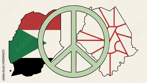 Peace Symbol Overlaid on Sudan Map with Flag Colors.