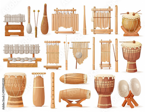 A comprehensive set of traditional Indonesian musical instruments including gamelan, angklung, and ethnic drums. High-quality illustration on a clean white background, perfect for cultural