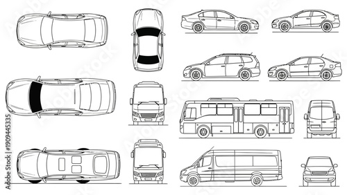 car blueprints, vehicle design, transportation sketches, automobile plans
