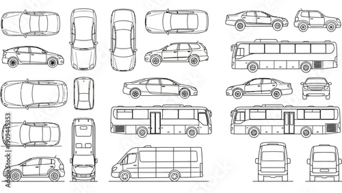 car and bus blueprints, vehicle designs, top view, side view, transport illustration