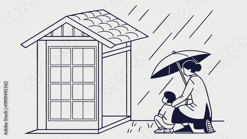 Mother Protecting Child from Rain under Umbrella near House.