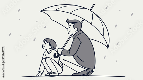 Father comforting his sad daughter under an umbrella on a rainy day.