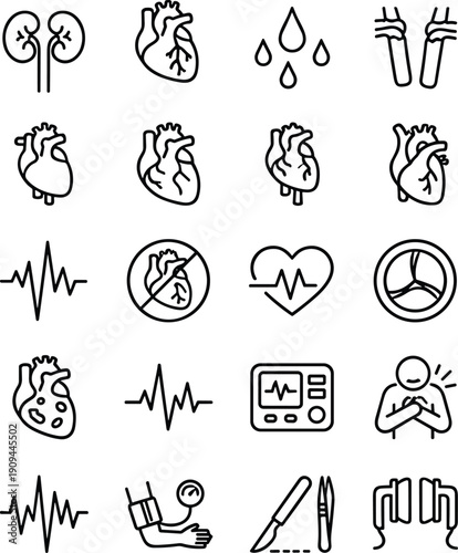 Medical cardiology line icons set featuring heart kidney blood pressure ECG monitoring diagnosis healthcare symbols minimal outline vector