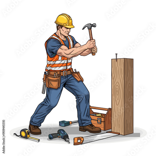 Illustration of a construction worker hammering a nail into a wooden beam, surrounded by various tools.