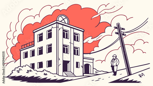 Man standing near a building with red smoke.