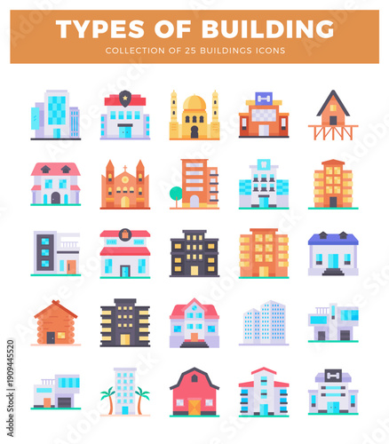 Collection of building icons in a flat design style on a white background.