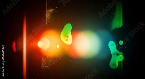 Bioluminescent Green Shapes and Lens Flares on a Dark Textured Background