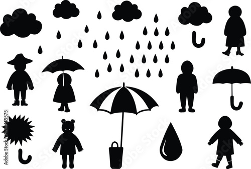 Silhouettes of people with umbrellas in the rain isolated on transparent background, Vector, illustration