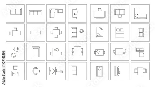furniture floor plan icons, top view, interior design elements