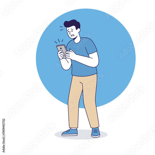 Worried Man Looking at Smartphone Screen Flat Design Illustration