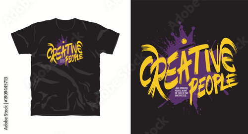 Creative people unexpected quote t-shirt design with yellow brush calligraphy and purple splash