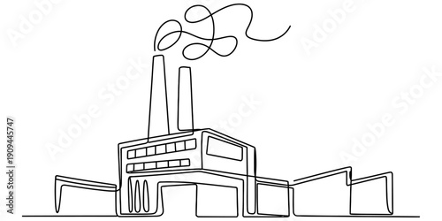 Continuous line drawing of an industrial factory building with smoke coming from chimneys.