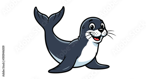 A cartoon seal is jumping in the ocean viewed from the side with a cheerful expression