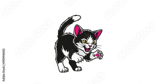A cartoon black and white cat playing with a pink ball on a transparent background from a front viewpoint