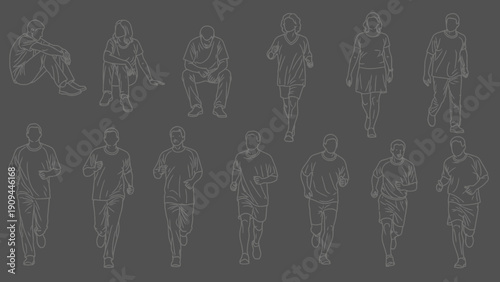 people silhouettes, running and sitting figures on grey background