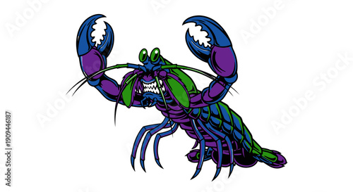 Vibrant illustration of a colorful crab with claws raised in a dynamic pose, showcasing its multicolored shell and legs from a front viewpoint.