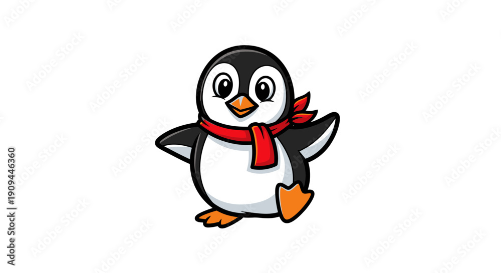 Obraz premium A cartoon penguin wearing a red scarf stands on one foot with wings outstretched in a playful pose illustration