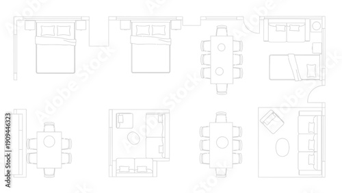 Floor plan layouts, interior design, furniture arrangement, top view