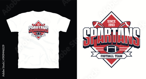 Spartans football team vintage logo design with american footballs and shield t-shirt design print