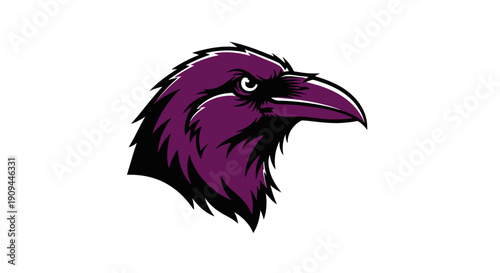 A detailed illustration of a purple crow's head from a side view showcasing its sharp beak and feathers